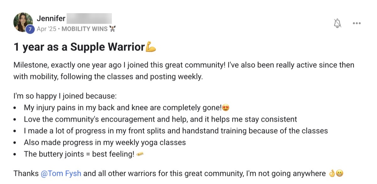 Skool post from Jennifer: one year as a Supple Warrior