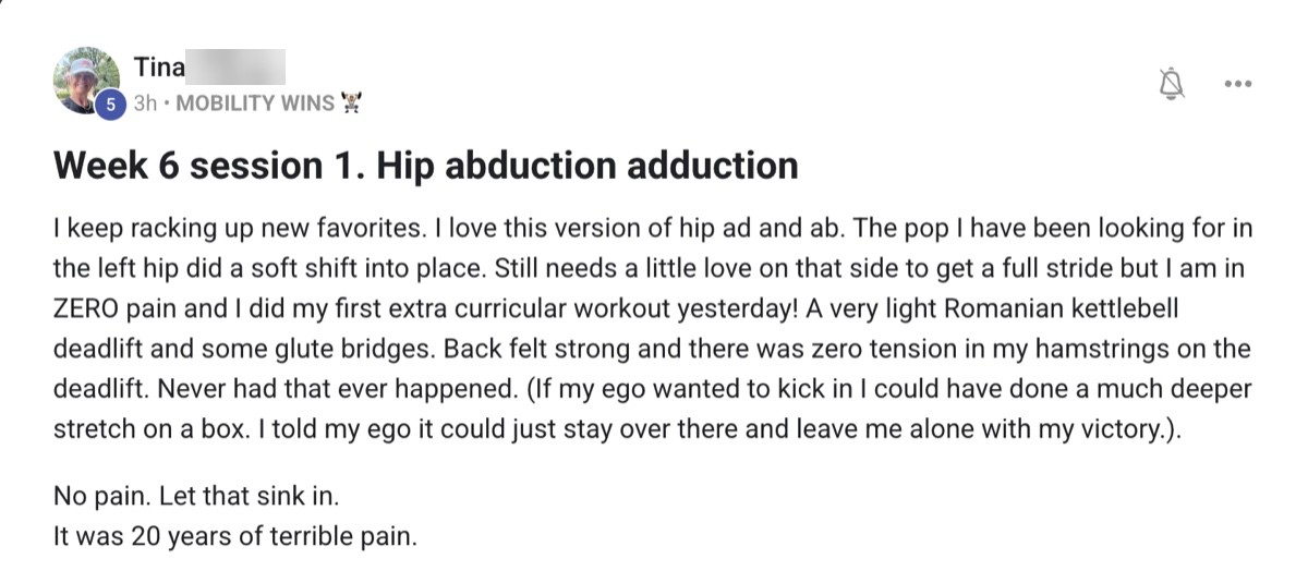 Skool post from Tina: zero pain in the hip after twenty years