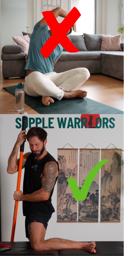 Passive stretching marked with a red cross above loaded end range training marked with a green tick
